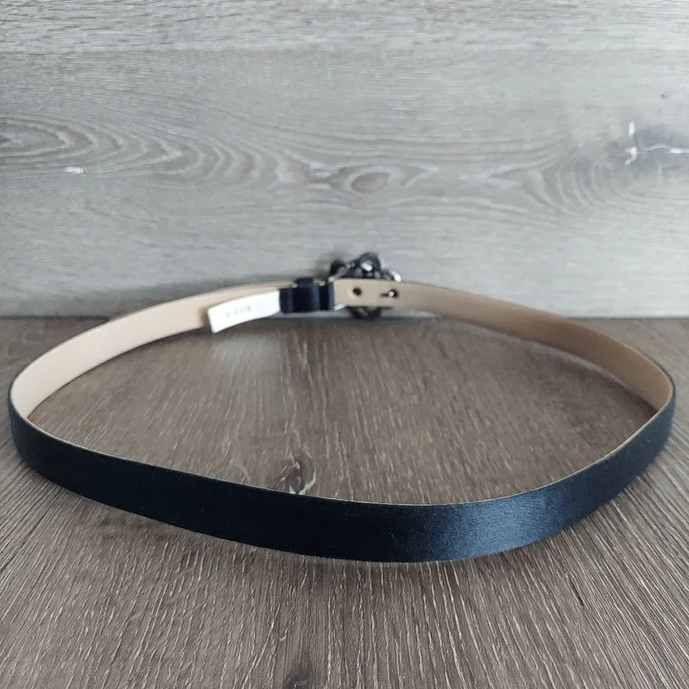 Talbots Black Satin Belt with Marcasite Flower Buckle Detail Sz Large